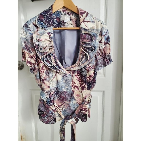 Alberto Makali Linen Blend Tapestry Ruffle Zip Front Short Sleeve Jacket With... - Picture 2 of 8